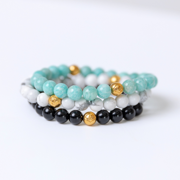 Howlite Black Obsidian & Amazonite Serenity Gold· Stability · Protection