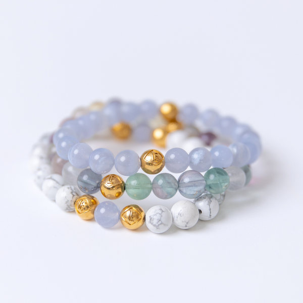 Howlite Blue Lace Agate & Colourful Fluorite Crystal Gold Stillness · Harmony · Truth