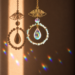 Zenya suncatcher with blue-green Amazonite crystals and faceted glass.
