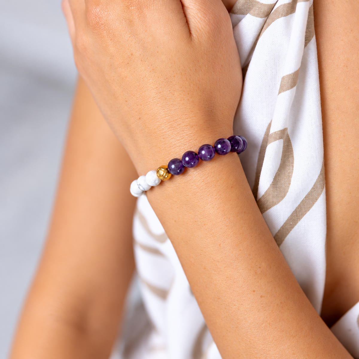 Amethyst & Howlite Crystal Energy Bracelet Calm • Intuition • Peace