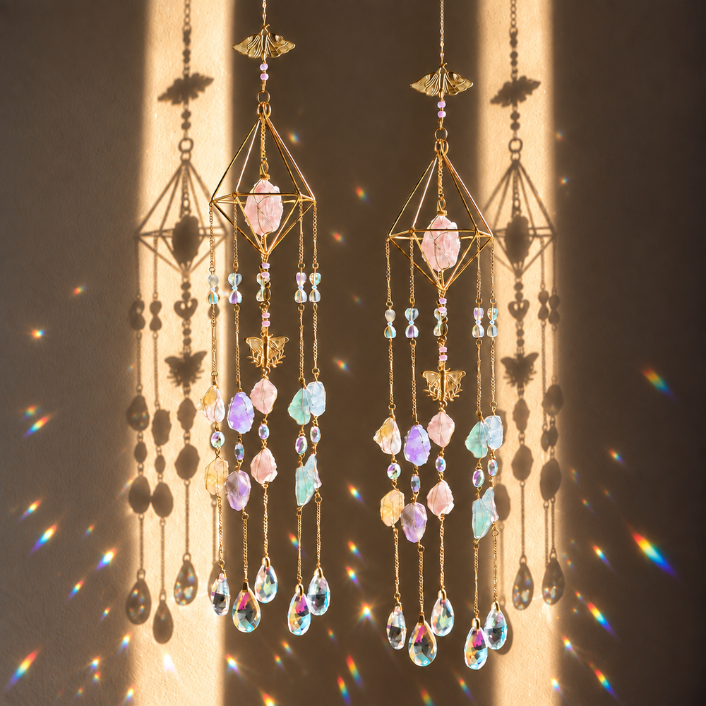 Two gold-toned Cleopatra’s Jewels suncatchers with cascading chains, faceted glass and a mix of Rose Quartz, Clear Quartz, Green Fluorite, Citrine and Amethyst crystals.