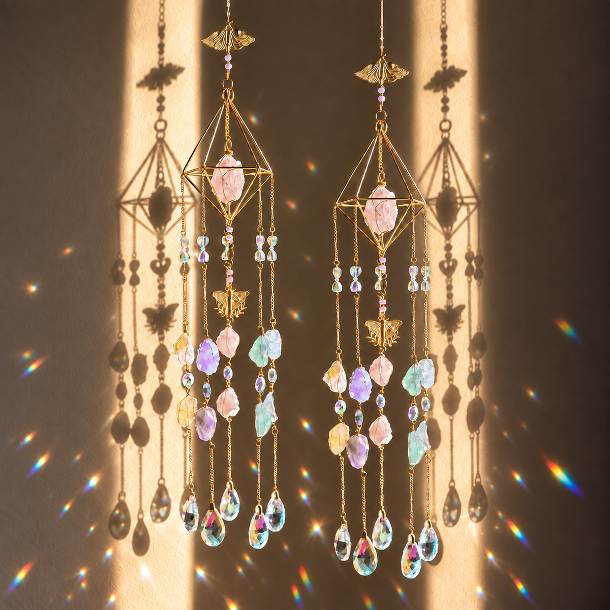 Two gold-toned Cleopatra’s Jewels suncatchers with cascading chains, faceted glass and a mix of Rose Quartz, Clear Quartz, Green Fluorite, Citrine and Amethyst crystals.