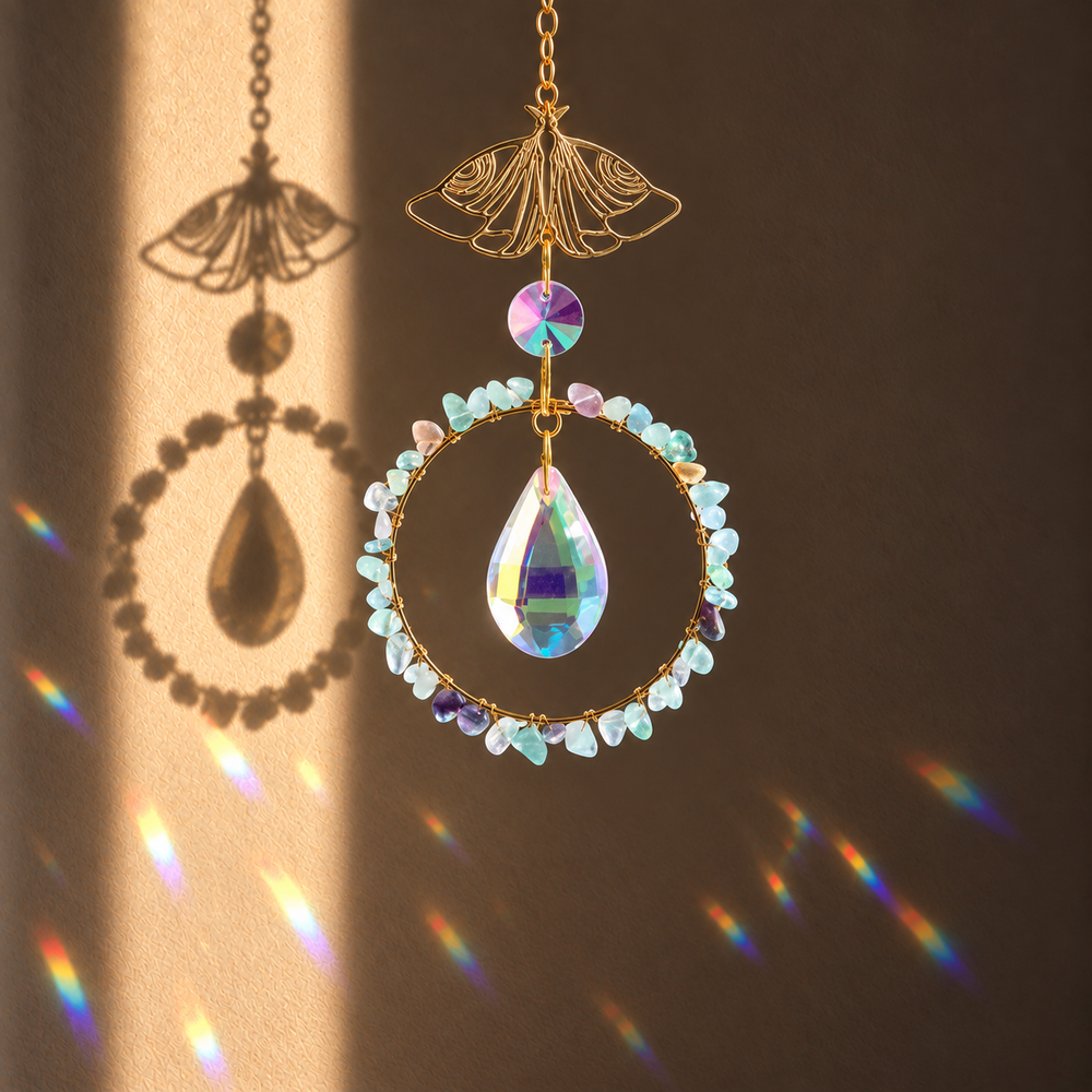Zenya suncatcher with multicoloured Fluorite crystals and faceted glass.