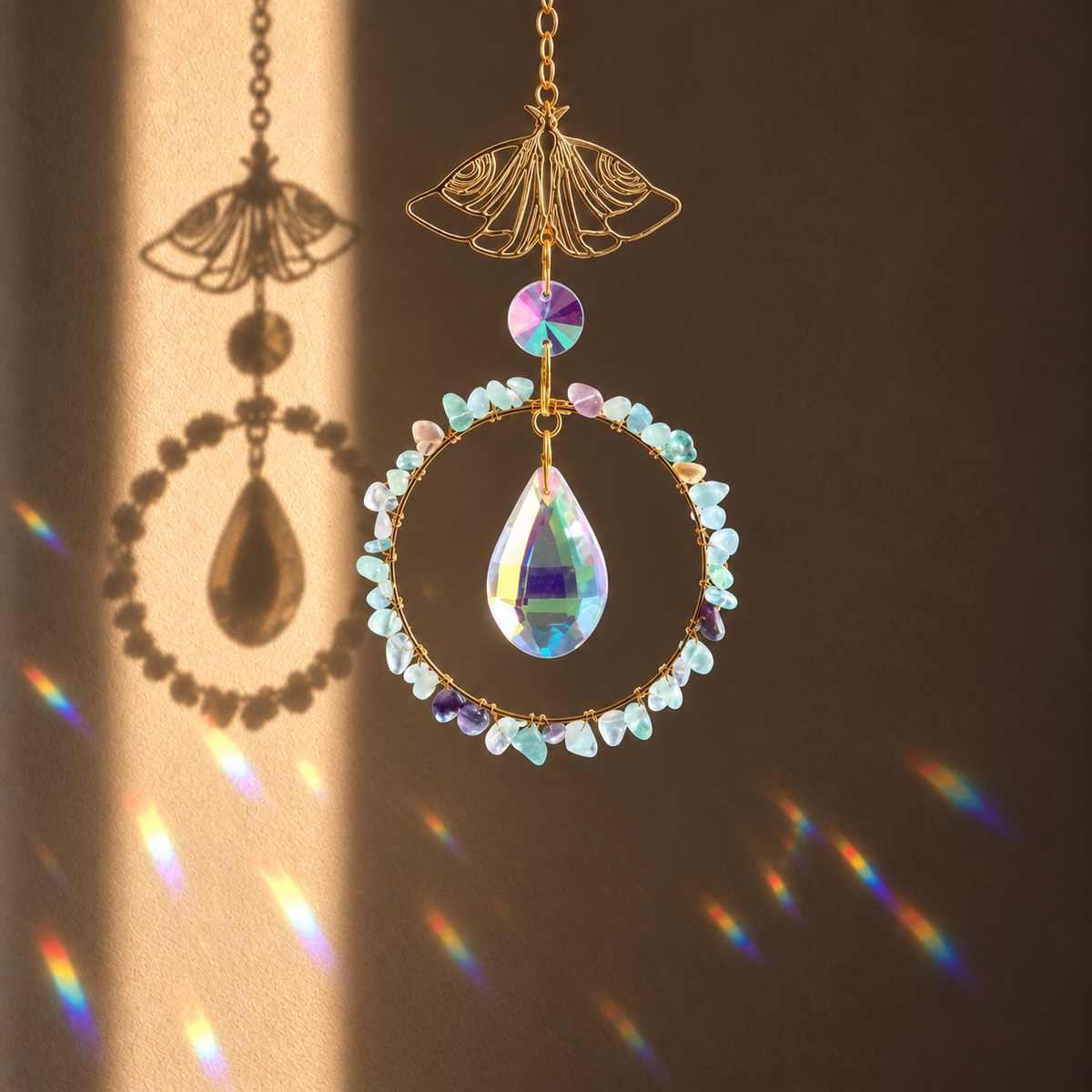Zenya suncatcher with multicoloured Fluorite crystals and faceted glass.