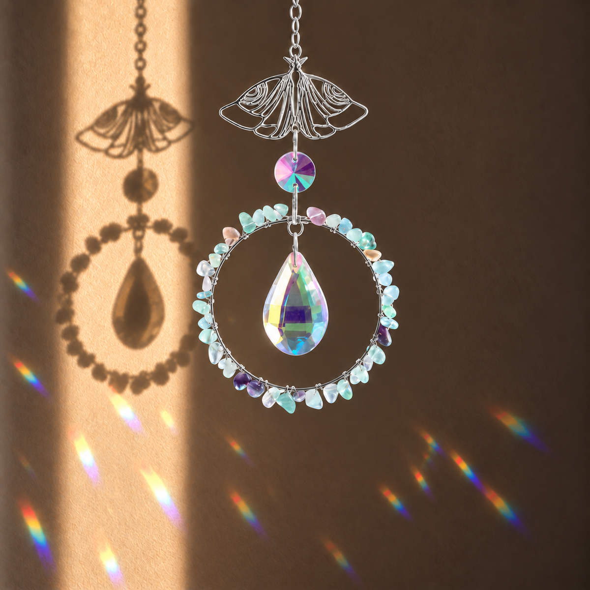 A hanging suncatcher ornament with a silver wire butterfly, iridescent beads, and a large faceted teardrop crystal, shown in warm sunlight with rainbow light leaks on a brown wall.