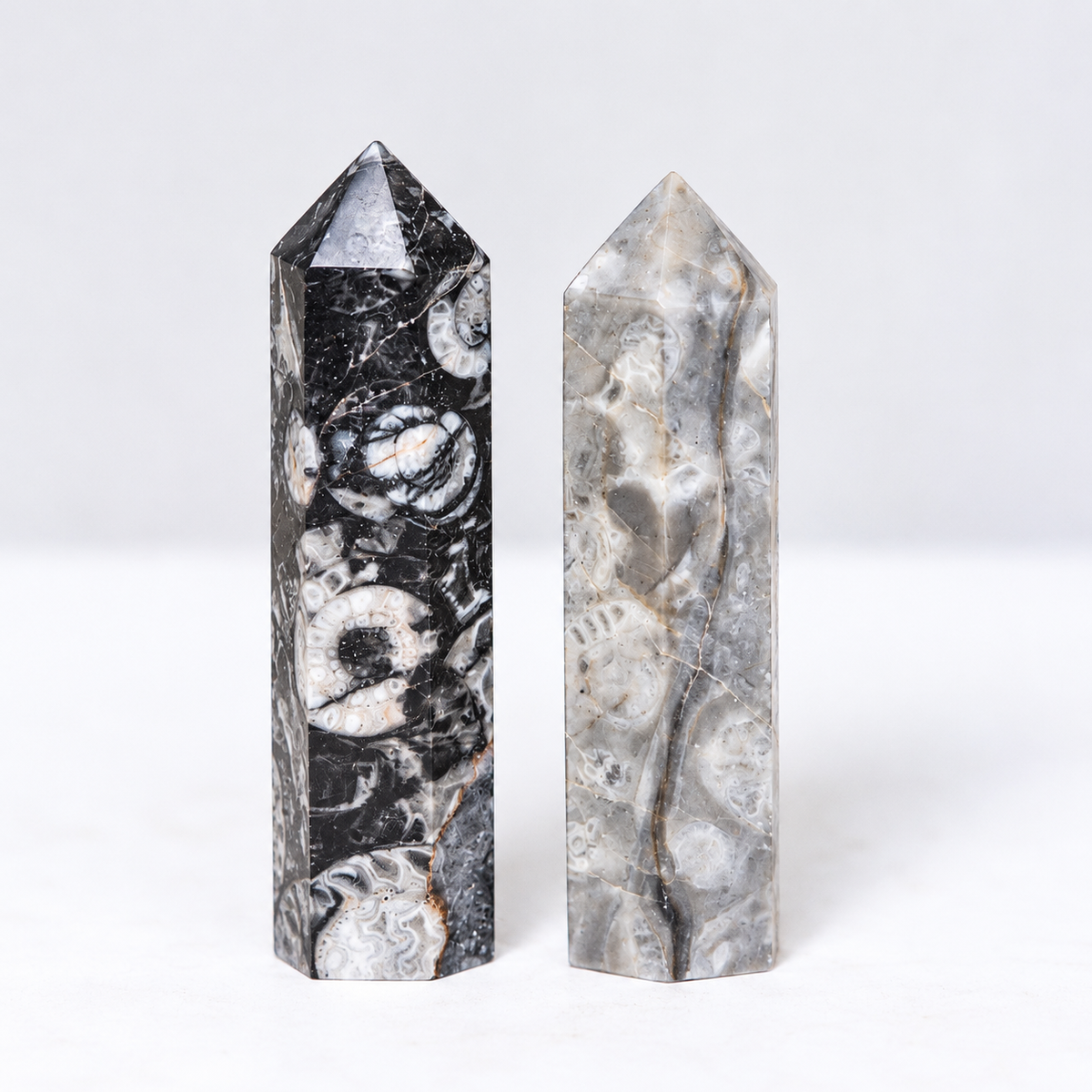 Two polished stone tower points standing upright on a white studio background. The left tower is black and white with a banded, fossil-like marbled pattern.