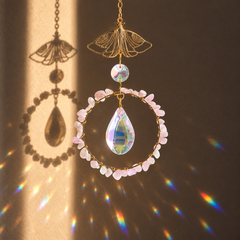 Zenya suncatcher with soft pink and lilac Kunzite crystals and faceted glass.
