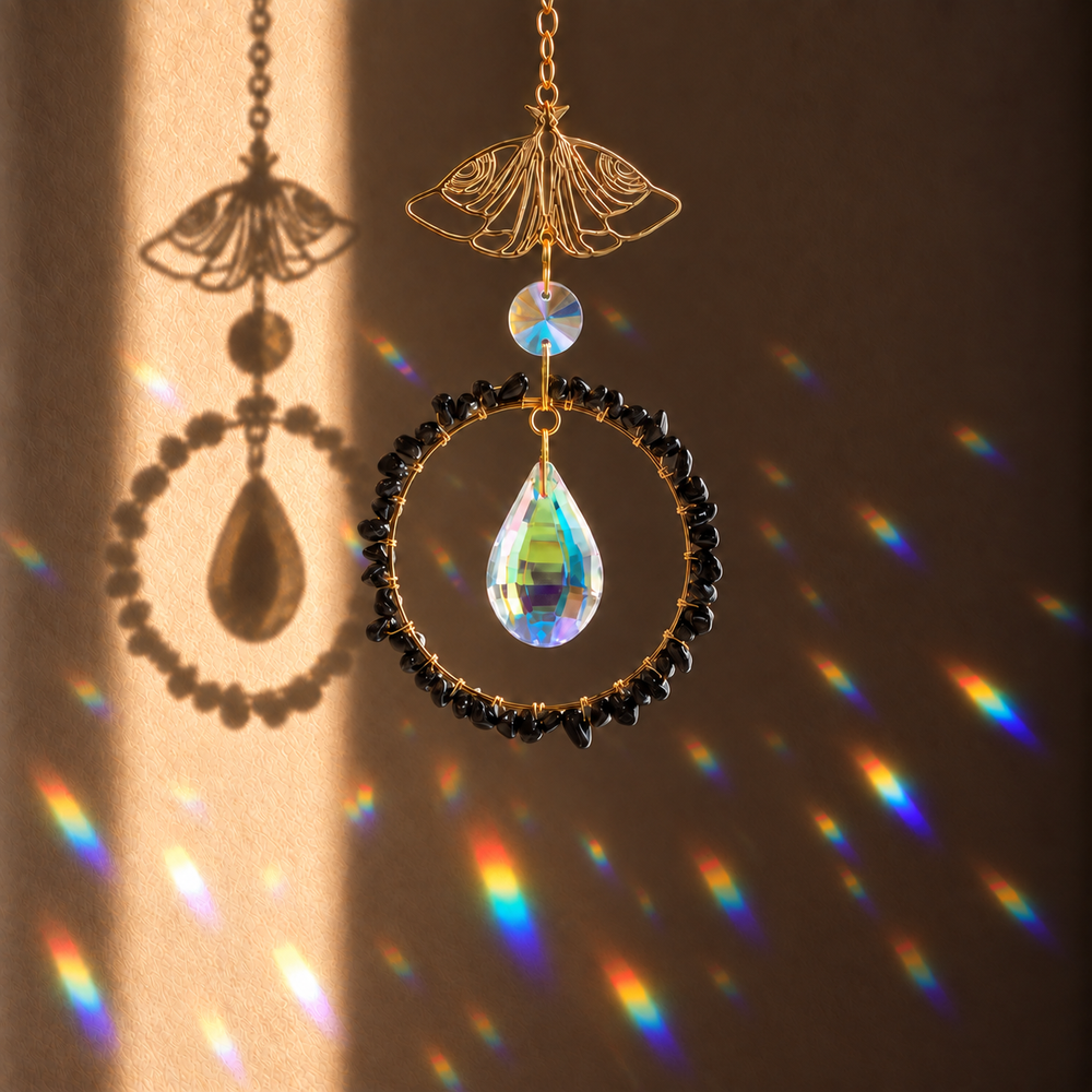 A decorative hanging ornament with a gold-tone butterfly-shaped top, a circular frame of small black beads, and a teardrop-shaped iridescent obsidian crystal pendant, shown against a warm brown wall with rainbow light projections.