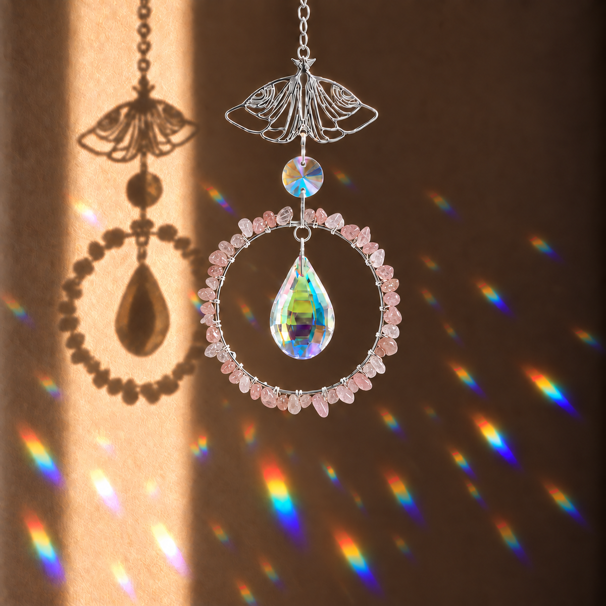 A decorative suncatcher with a silver butterfly frame, a rose quartz crystal ring, and a central iridescent teardrop crystal, casting colorful rainbow reflections on a warm brown wall.