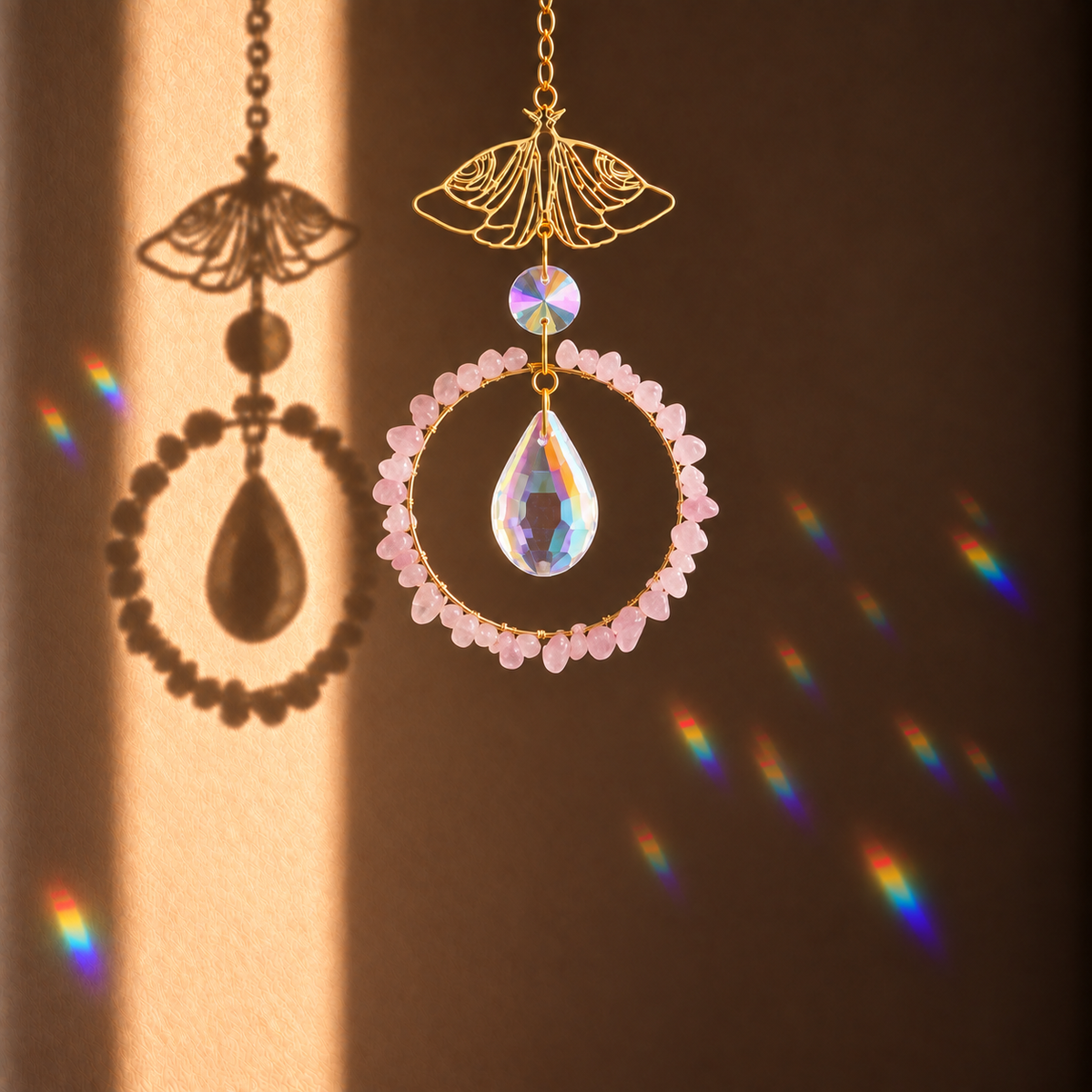 Zenya suncatcher with pale pink Rose Quartz crystals and faceted glass.