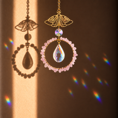 Zenya suncatcher with pale pink Rose Quartz crystals and faceted glass.