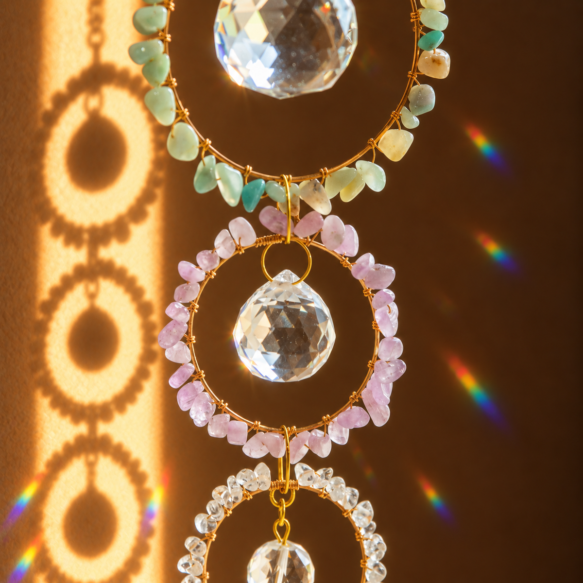A decorative hanging ornament with three circular gold wire frames, faceted crystal pendants, and small pastel gemstone beads in mint green, pale pink, and cream, shown against a warm brown background with rainbow light leaks and shadow patterns.