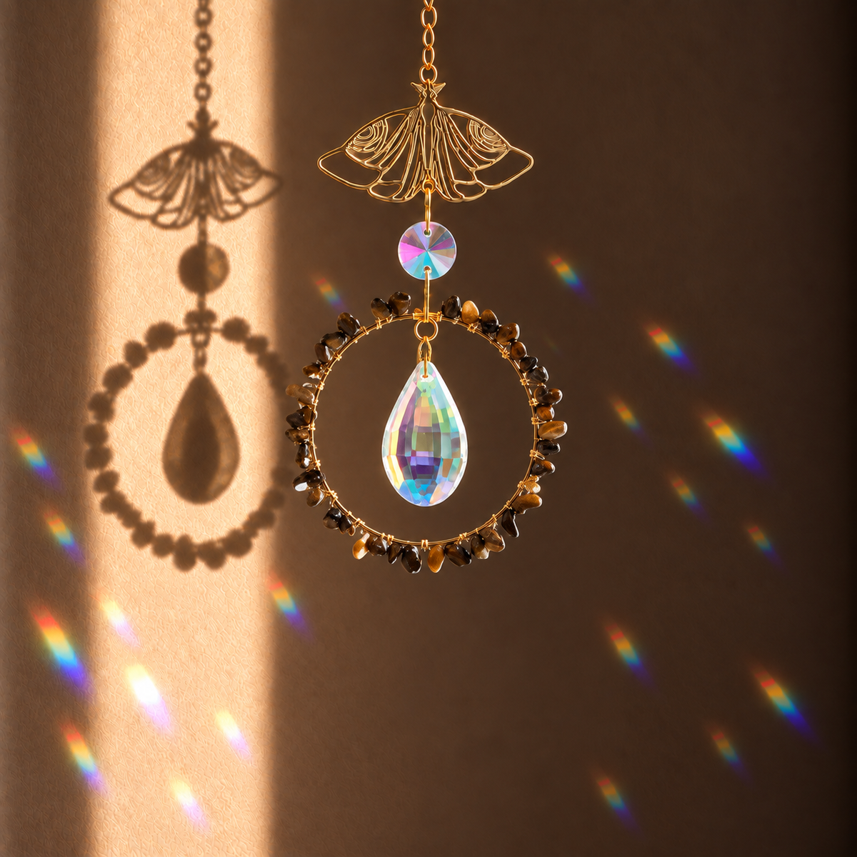 Zenya suncatcher with golden-brown Tiger's Eye crystals and faceted glass.