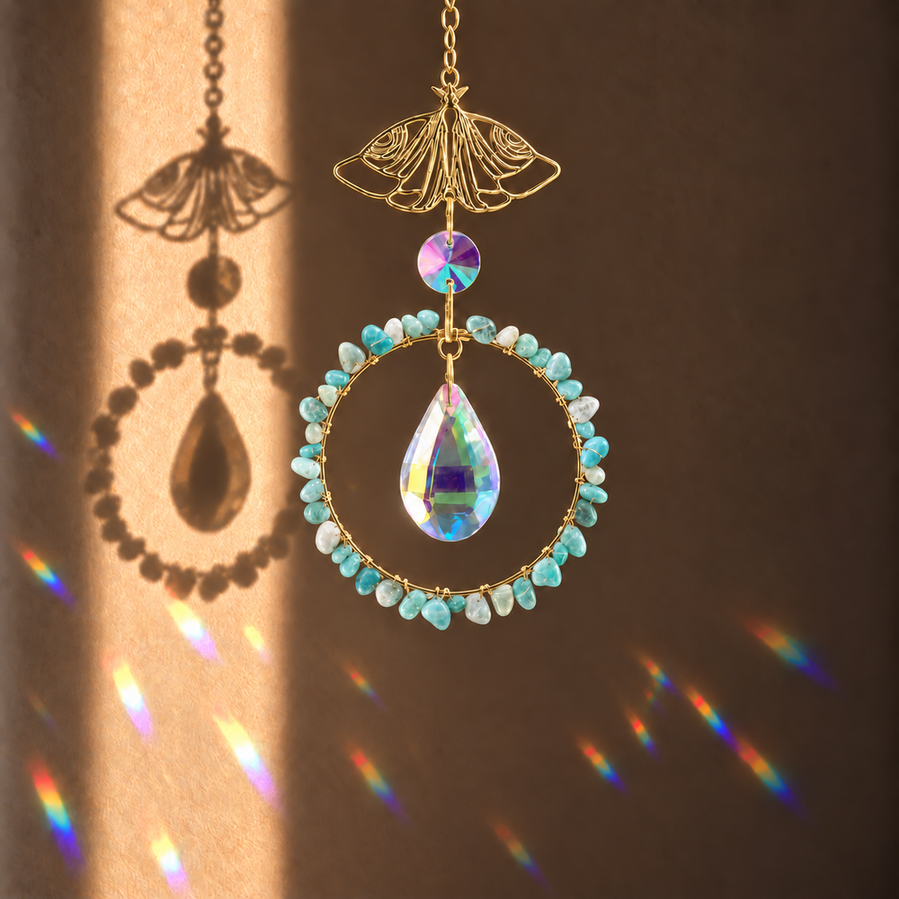 A gold-toned hanging ornament with a butterfly-shaped top, a circular ring of light blue faceted beads, and a large iridescent teardrop crystal in the center, shown against a warm brown background with sunlight and rainbow reflections.