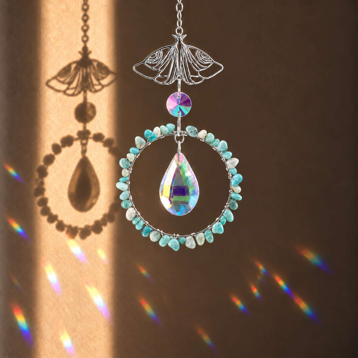 A decorative suncatcher with a silver butterfly-shaped top, a ring of small light blue beads, a large iridescent teardrop crystal, and a smaller matching crystal, shown hanging against a brown wall with sunlight casting rainbow reflections and a butterfly shadow.