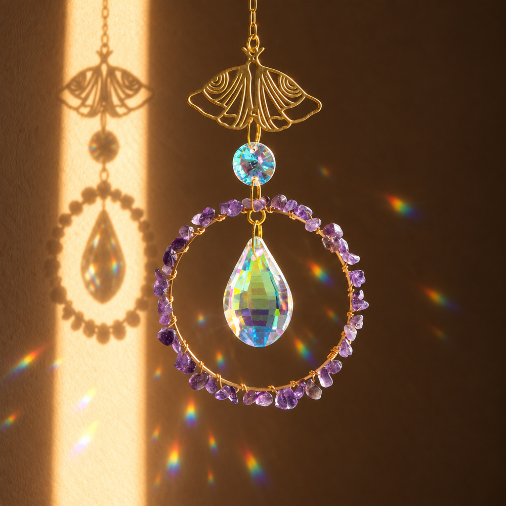A decorative hanging ornament with a gold-tone top piece, a circular ring set with purple crystals, and a large iridescent teardrop crystal in the center, shown against a warm brown background with sunlight and rainbow reflections.