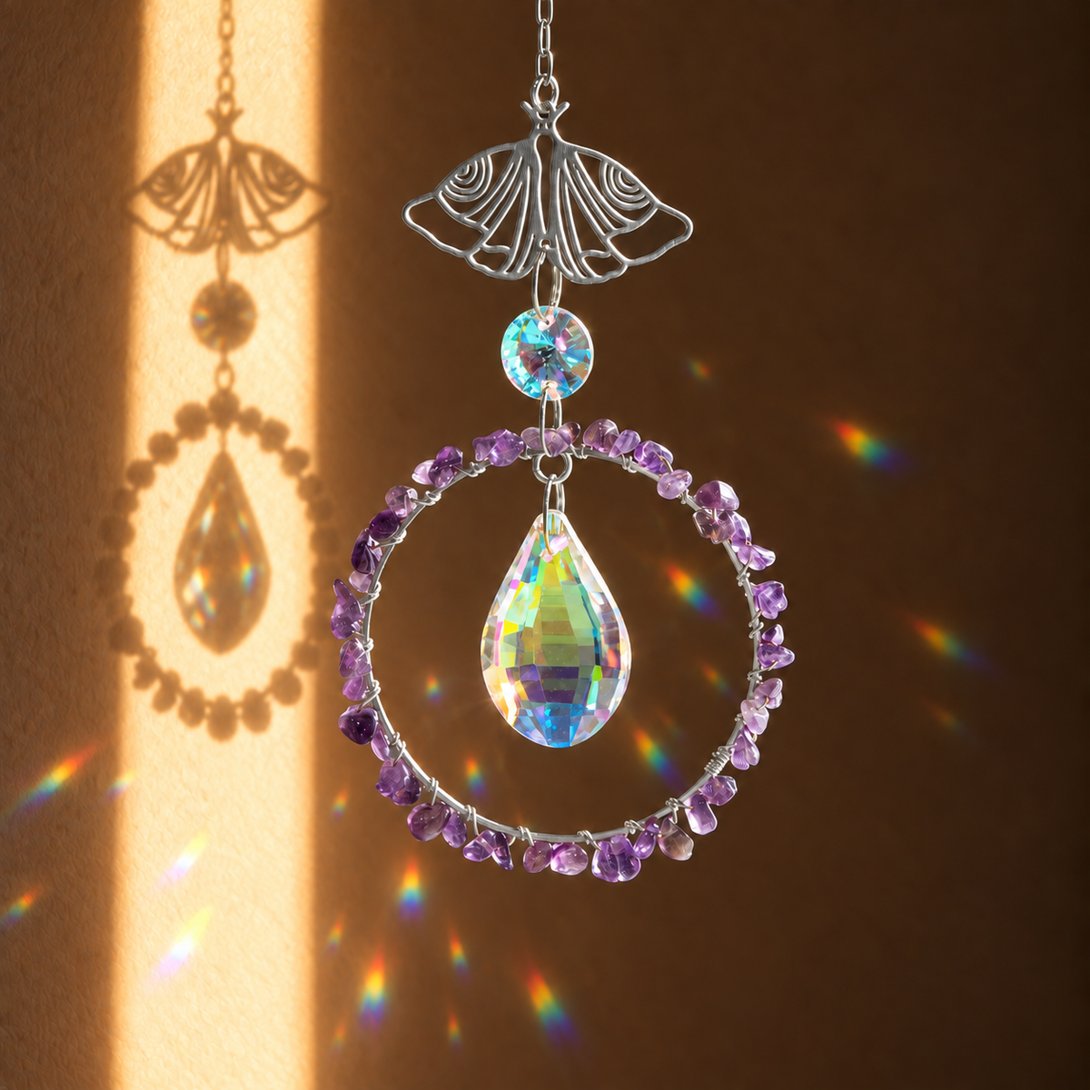 A decorative suncatcher hanging in warm sunlight, featuring a silver metal top with a butterfly-like cutout, a round light blue crystal, a large faceted teardrop crystal, and a circular ring of purple crystals. Rainbow light leaks and a matching shadow are visible on a brown wall.