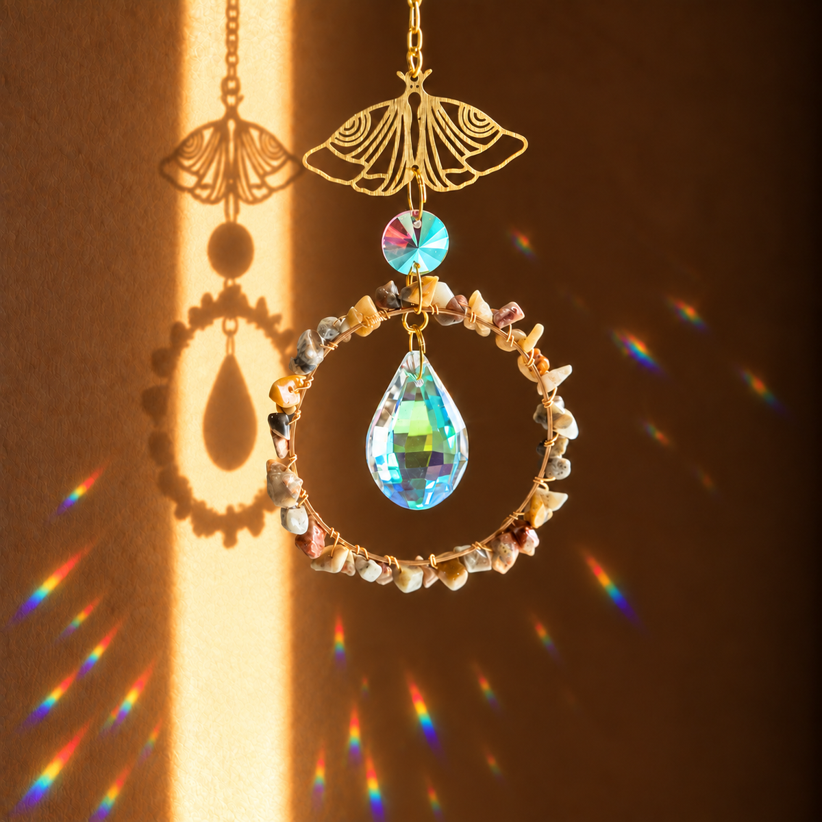 A gold-toned butterfly-shaped suncatcher with a circular ring of small stones and a faceted iridescent teardrop crystal, shown hanging in warm sunlight that casts rainbow reflections and a butterfly shadow on a brown wall.